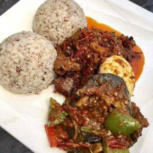 Ofada Rice in the leaf with Ayamase Sauce